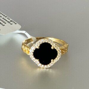 YS India 14k Gold Plated Sterling Siver 925 W CZ & Genuine Onyx Clover Ring Sz.8